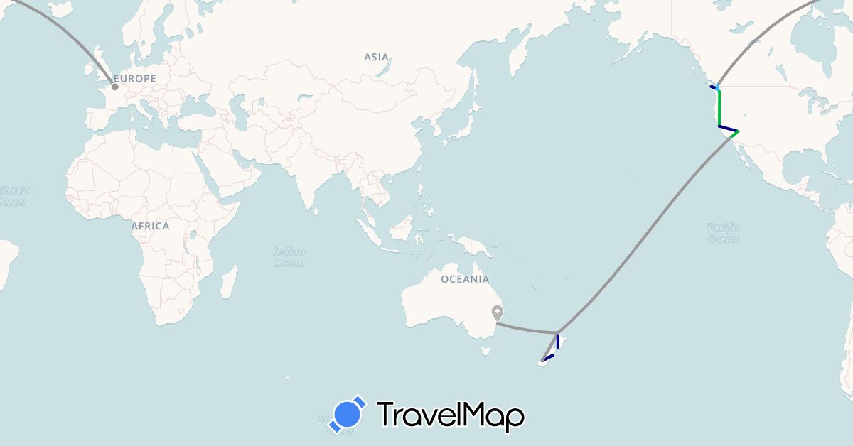 TravelMap itinerary: driving, bus, plane, boat in Australia, Canada, France, New Zealand, United States (Europe, North America, Oceania)
